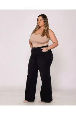 Calça Wide Leg Plus Size Jeans Preto Shyros - 52391