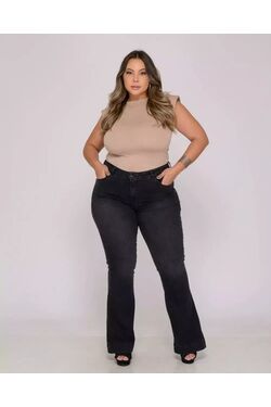 Calça Flare Plus Size Jeans Preto Shyros