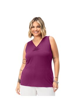 Regata Plus Size Secret Glam Canelada com Franzido no Decote – Viscose com Elastano - 46737