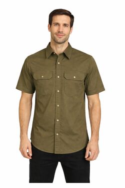 Camisa Masculina Sarja Manga Curta Caqui - R Sete - Dois Bolsos