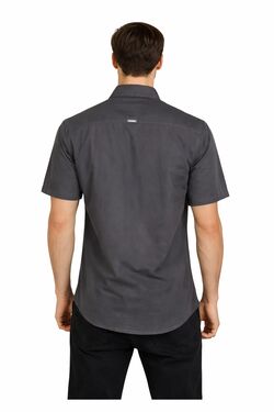 Camisa Masculina Sarja Manga Curta Cinza - R Sete - Dois Bolsos - 53667