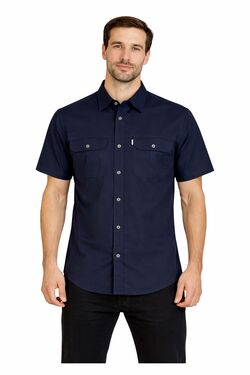 Camisa Masculina Sarja Manga Curta Marinho - R Sete - Dois Bolsos