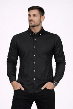 Camisa Masculina Slim Fit Manga Longa Preto com Elastano Six One