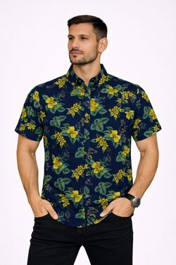 Camisa Masculina Viscose Estampada Manga Curta Marinho Rovitex