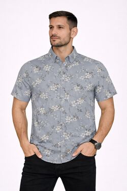 Camisa Masculina Viscose Estampada Manga Curta Cinza Rovitex