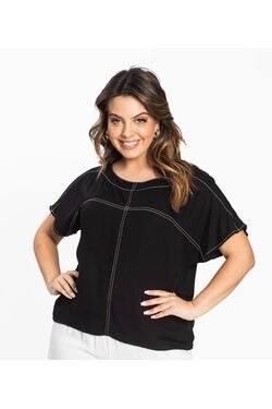 Blusa Cropped Plus Size Rovitex em Viscose com Pesponto Branco Contrastante