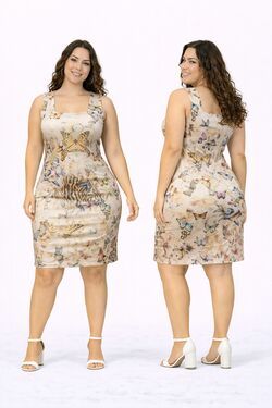 Vestido Tubinho Feminino Estampa Onça e Borboletas Bege Miravest com Elastano