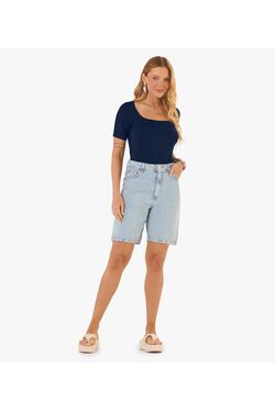 Blusa Feminina Canelada Rovitex Manga Curta em Viscose com Elastano Marinho - 54394