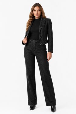 Calça Jeans Reta Feminina HNO Cintura Alta Preta Marmorizada com Elastano
