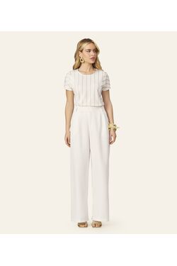 Blusa Feminina Visco Linho Lurex Listrada Endless Off White Dourado - 54431