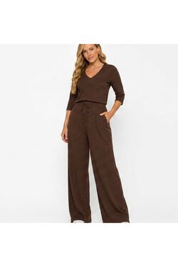 Conjunto Canelado Wide Leg Plus Size Feminino com Blusa Decote V Manga 3/4 – Preto e Café