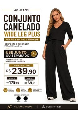 Conjunto Canelado Wide Leg Plus Size Feminino com Blusa Decote V Manga 3/4 – Preto e Café - 54466