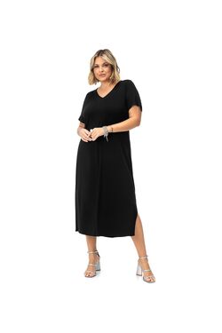 Vestido Midi Feminino Plus Size Secret Glam em Viscose Maquinetada com Decote V - 47117
