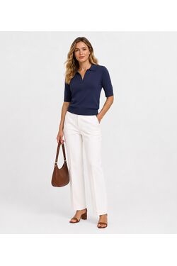 Blusa Polo Feminina em Tricot Rovitex Manga 3/4 Azul Marinho