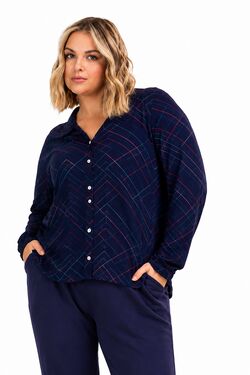 Camisa Plus Size Manga Longa Estampada Secret Glam Marinho em Viscose com Elastano